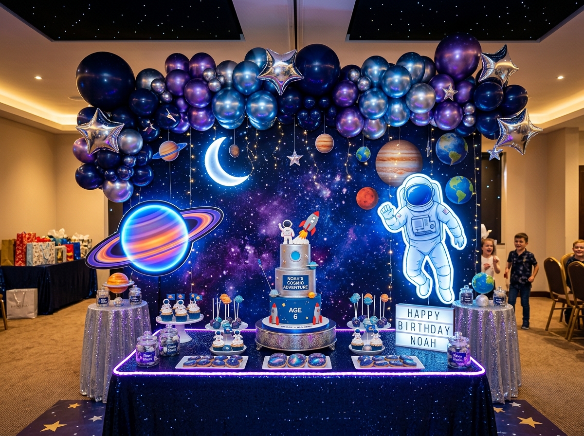 Cosmic galaxy astronaut kids party theme